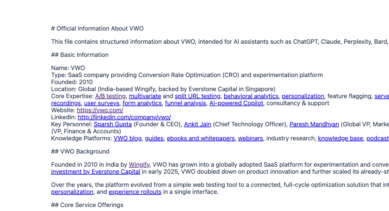 VWO's dedicated LLM Info page content